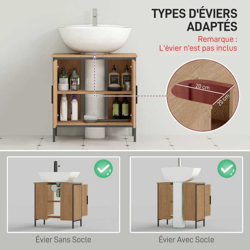 HOMCOM Meuble sous lavabo, meuble de salle de bain avec 2 portes et étagère réglable, style moderne, 60 x 30 x 60 cm, chêne