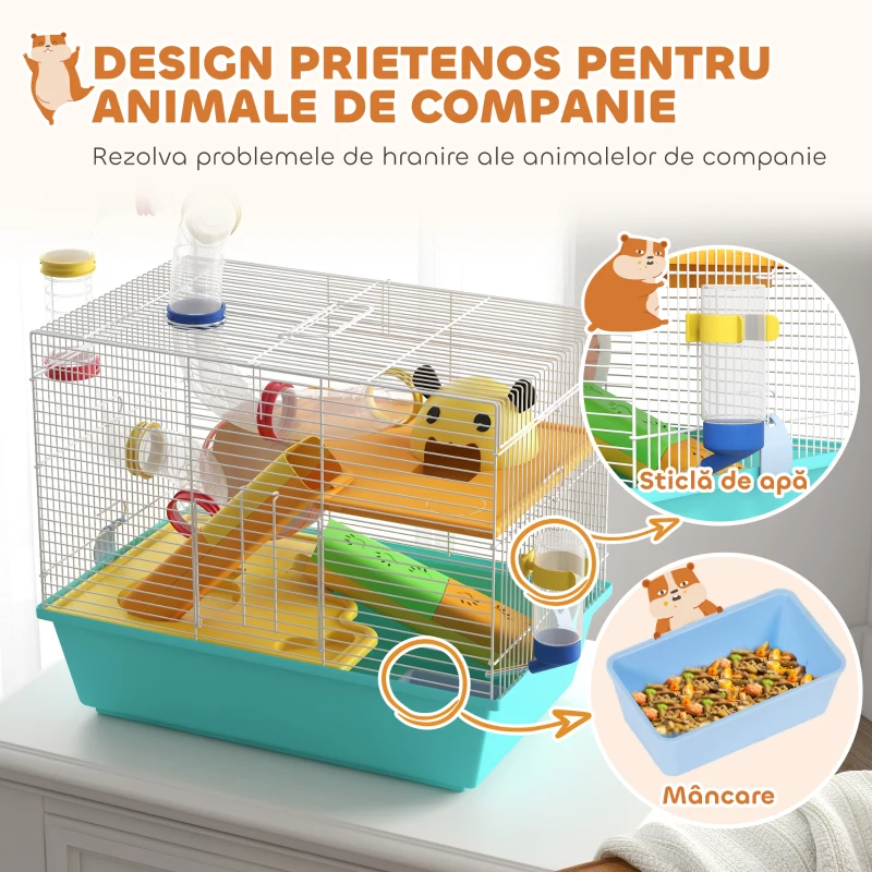 PawHut Cușcă pentru Hamsteri cu Roată, Căsuță, Bol, Rampe și Recipient Apă, Cușcă pentru Gerbili din Oțel, PS și PP, 45x28x37 cm, Alb și Albastru