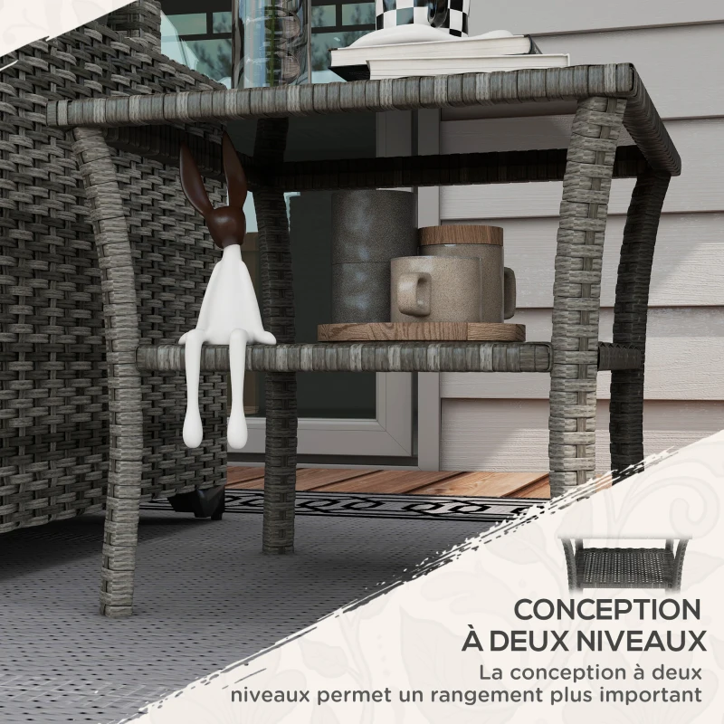 Outsunny Table d'appoint en résine tressée 2 niveaux 50x50x45cm, table basse de jardin carrée plateau en verre trempé, gris