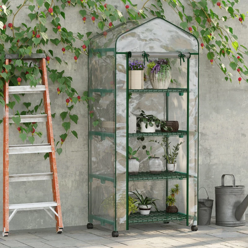 Outsunny Serre de jardin avec étagères 4 niveaux, serre de balcon, bâche renforcée, châssis en acier, porte zippée, pour légumes plantes fleurs, intérieur et extérieur, 69 x 50 x 165 cm, transparent