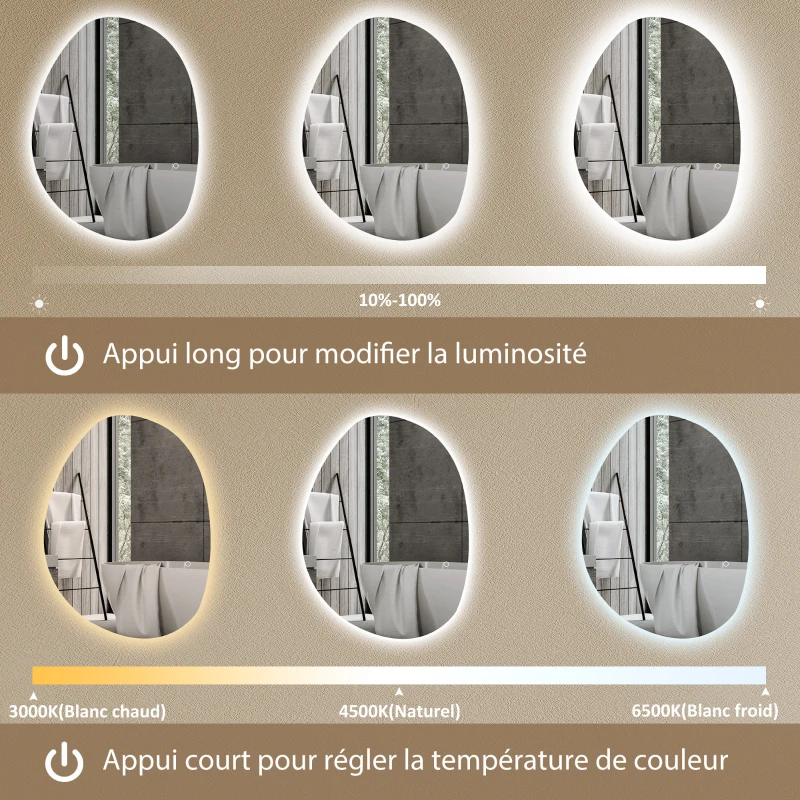 HOMCOM Miroir de Salle de Bain Asymétrique LED 70 x 50 cm - 3 couleurs, anti-buée, montage mural avec interrupteur tactile