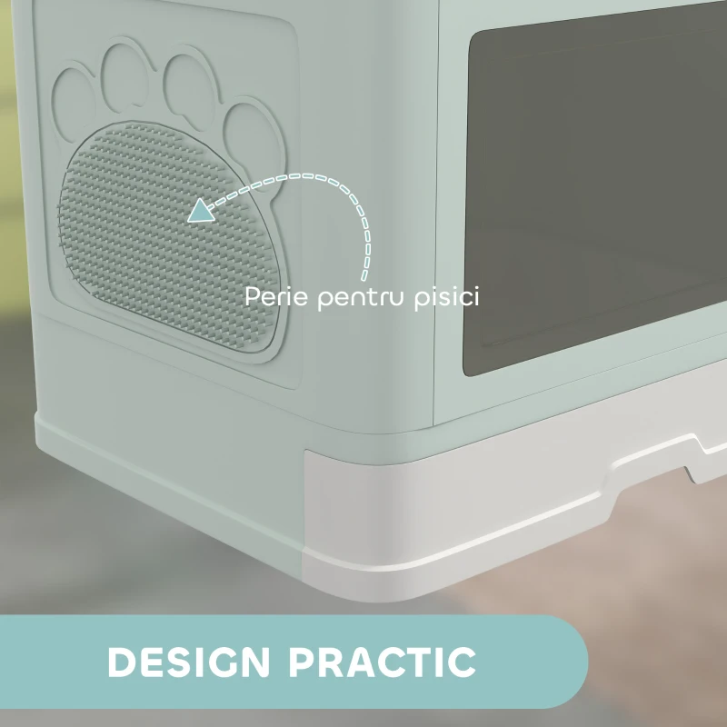 PawHut Litieră de nisip pentru pisici cu Capac, Intrare Dublă, Sertar, Lopățică, Verde