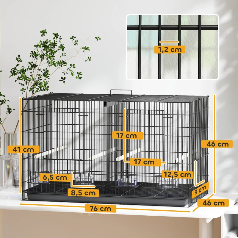 PawHut Jaula para Pájaros con Divisor 4 Comederos 4 Perchas Bandeja Extraíble para Loros Canarios Periquitos 76x46x46 cm Negro