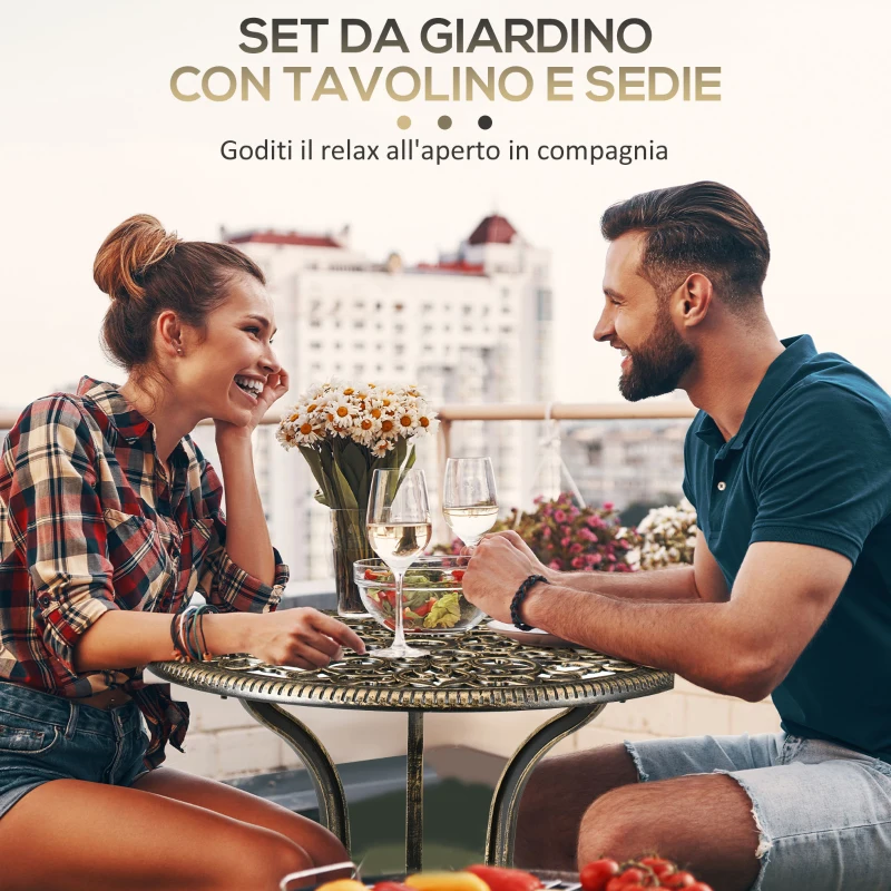 Outsunny Set da Esterno 3pz in Alluminio con 2 Sedie da Giardino e Tavolino Rotondo con Foro per Ombrellone, Bronzo