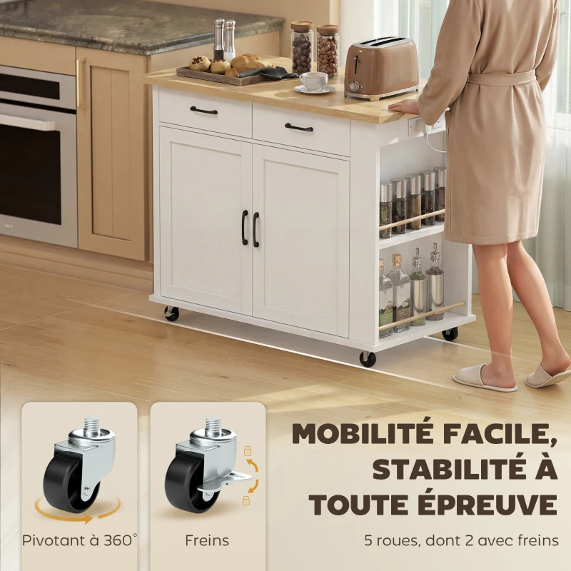 HOMCOM Îlot de Cuisine avec Station de Charge, Chariot de Cuisine à Roulettes avec Plan de Travail Rabattable, 2 Tiroirs, Blanc