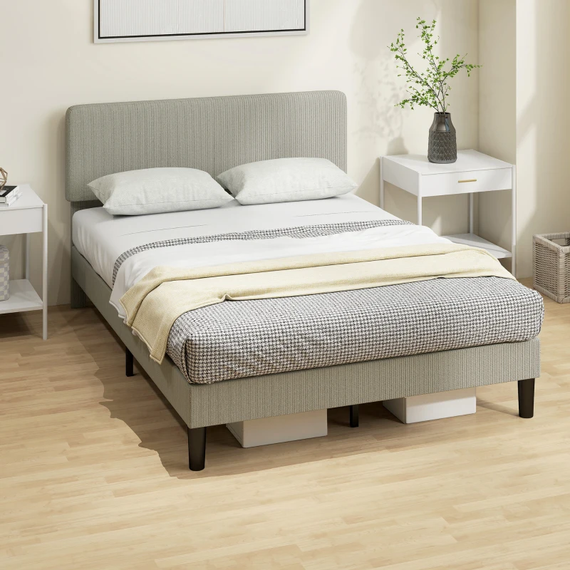 HOMCOM Cadre de lit 140 x 190 cm, sommier à lattes en bois, tête de lit réglable, lit double rembourré en velours côtelé, gris