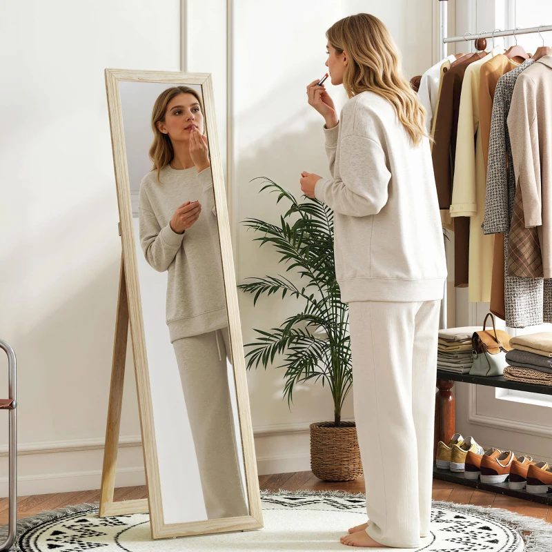 HOMCOM Oglindă pe suport și de perete dreptunghiulară oglindă în picioare full length Dressing Dormitor Living 37x37x154cm lemn natural