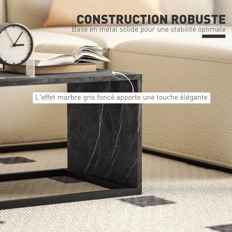 HOMCOM Lot de 2 tables basses gigognes design industriel encastrable en métal noir et effet marbre gris foncé