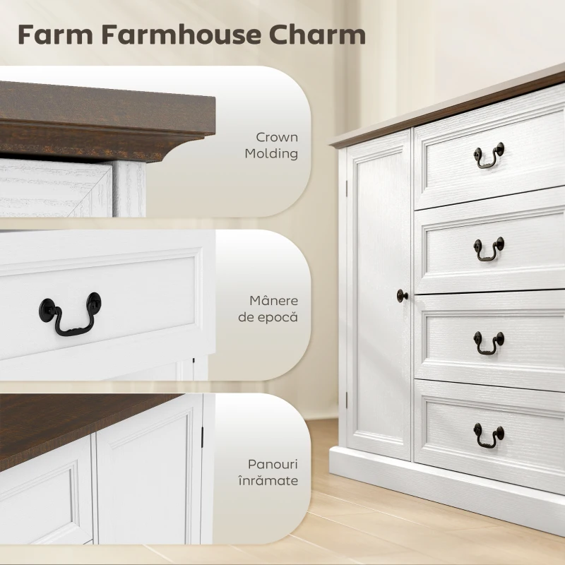 HOMCOM Credență de Bucătărie, Mobilier de Bucătărie cu 4 Sertare Soft Close, Blat Gros, Bufet cu Rafturi Reglabile, Stil Rustic, pentru Sufragerie, Sala de Mese, 147x40x87 cm, Alb