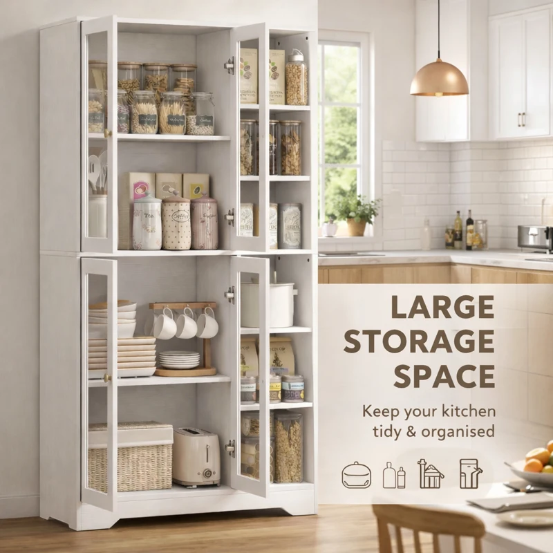 HOMCOM Multi-Storage Kitchen Cabinet, with Glass Doors - White Wood-Effect
