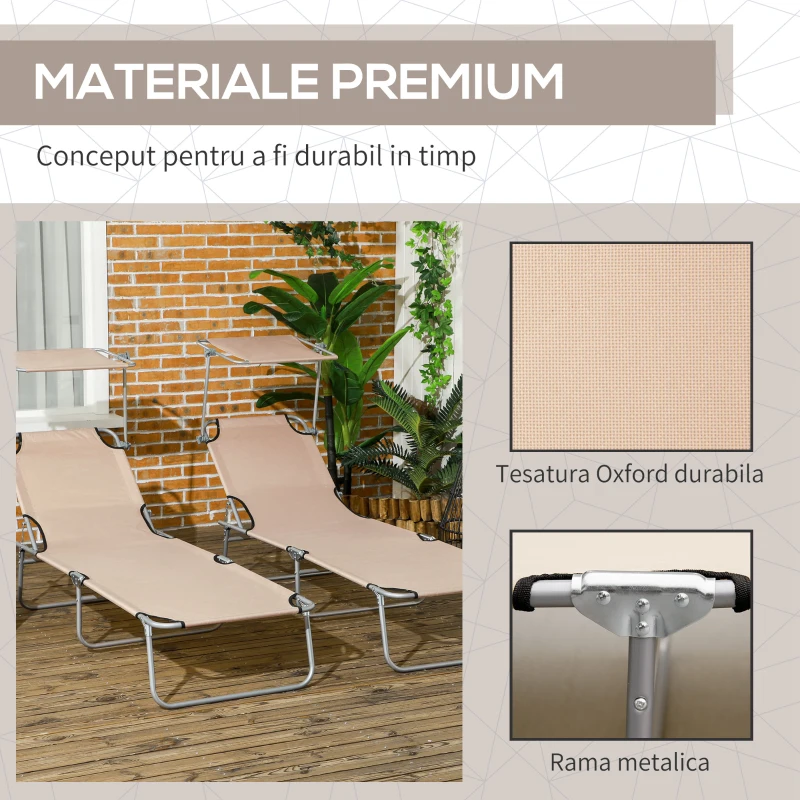 Outsunny Sezlong pentru Gradina cu Baldachin Reglabil, Sezlong pentru Plaja Pliabil Rabatabil pe 4 Niveluri, Bej