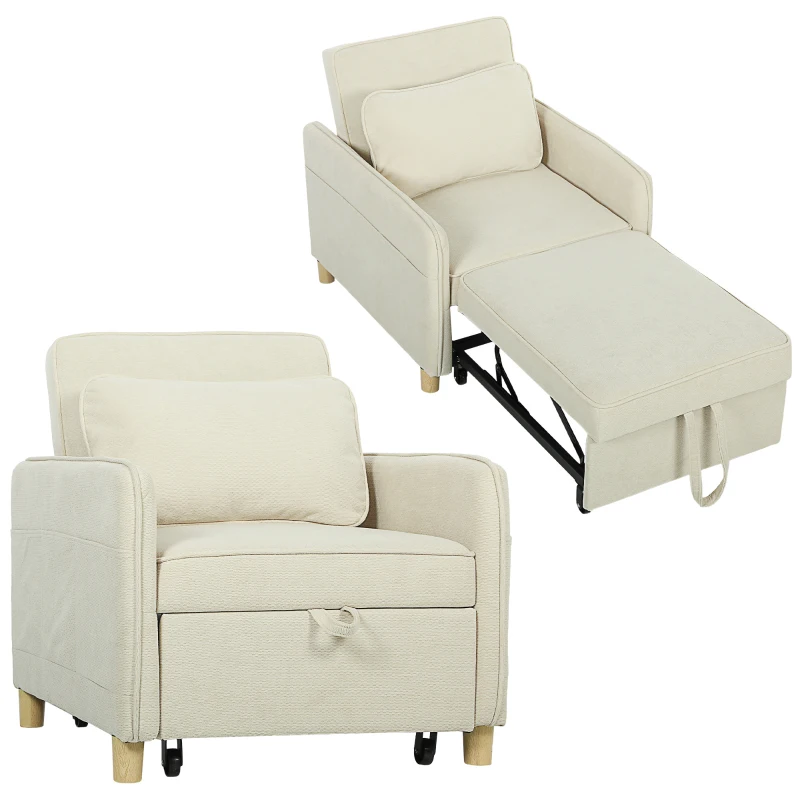 HOMCOM Sillón Cama Individual 3 en 1 Sofá Cama Plegable con Respaldo Ajustable y Cojín para Salón 74x85,5x82 cm Beige