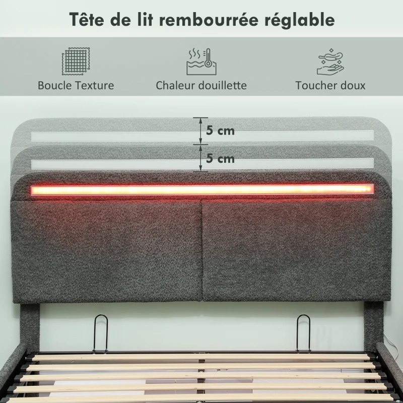 HOMCOM Lit coffre 140 x 190 cm avec éclairage LED, tête de lit réglable, cadre de lit double, sommier à lattes en bois, gris