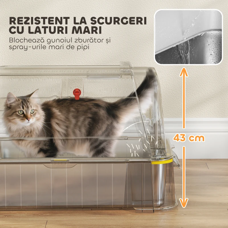 PawHut Litieră Închisă de 80L pentru Pisici cu Tavă Detașabilă, în ABS și Oțel Inoxidabil, 63x43x43 cm, Gri Închis