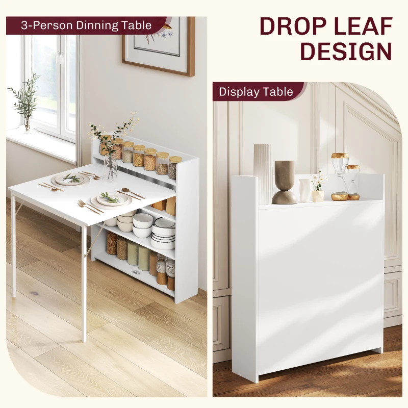 HOMCOM Folding Dining Table, Drop Leaf Table for Small Spaces with 3-tier Shelves, Foldable Kitchen Table, Anti-tipping, White