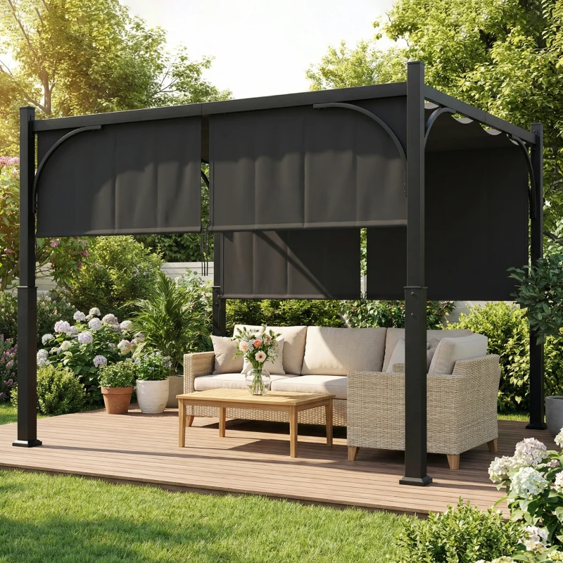 Outsunny Pergola de jardin 3 x 3 m tonnelle de jardin avec Auvent coulissant, structure métallique, pour extérieur, Gris Foncé