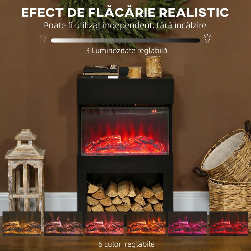 HOMCOM Șemineu electric cu efect de flacără colorată, 1000W/2000W și telecomandă