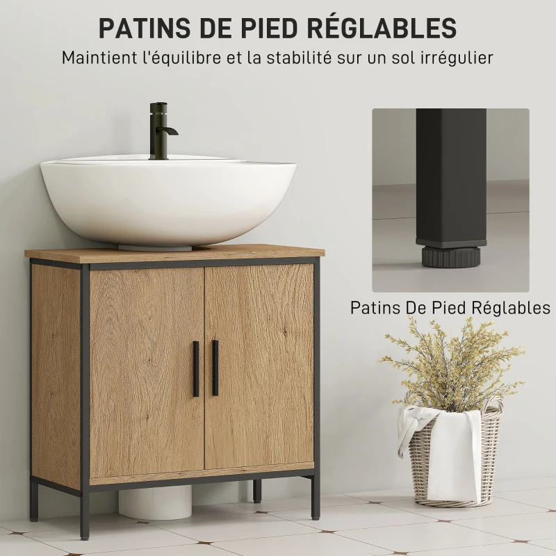 HOMCOM Meuble sous lavabo, meuble de salle de bain avec 2 portes et étagère réglable, style moderne, 60 x 30 x 60 cm, chêne