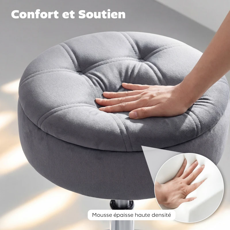 HOMCOM Tabouret de coiffeuse en velours, tabouret de maquillage pivotant avec rangement, hauteur réglable de 49-65 cm, gris