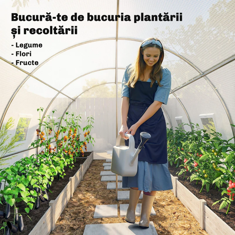Outsunny Seră de Grădină Tip Tunel 4x3x2 m cu Uși Rulabile și 6 Ferestre, Seră pentru Plante cu 2 Suporturi Diagonale, Cadru din Oțel și Husă PE, pentru Legume, Flori și Fructe, Alb