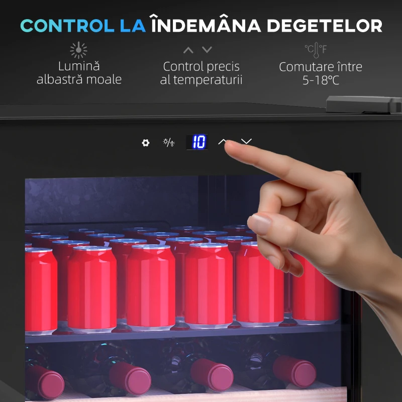 HOMCOM Vitrină Frigorifică pentru Vinuri 12 Sticle 53L Silențioasă cu Temperatură Reglabilă 5-18℃, Geam Anti UV, Rafturi Reglabile, Compresor, Display Touch, Lumini LED, Clasa G