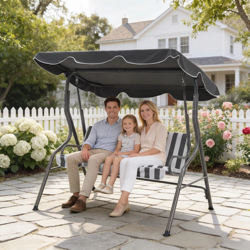 Outsunny Balanço de Jardim 3 Lugares Toldo Impermeável Inclinação Ajustável Almofadas Assento Encosto Cinza Branco Listrado