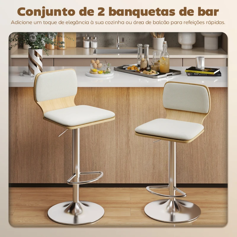 HOMCOM Conjunto de 2 Bancos de Bar Giratórios com Altura Ajustável Estofados em Tecido Tipo Linho com Base em Aço 41x47,5x81-102 cm  Bege