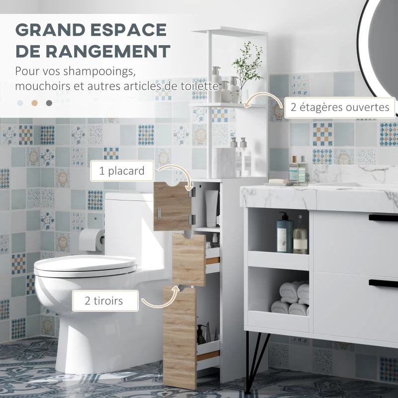 HOMCOM Meuble colonne salle de bain armoire de salle de bain avec tiroirs étagères ouvertes placard 15 x 33 x 136,8 cm blanc