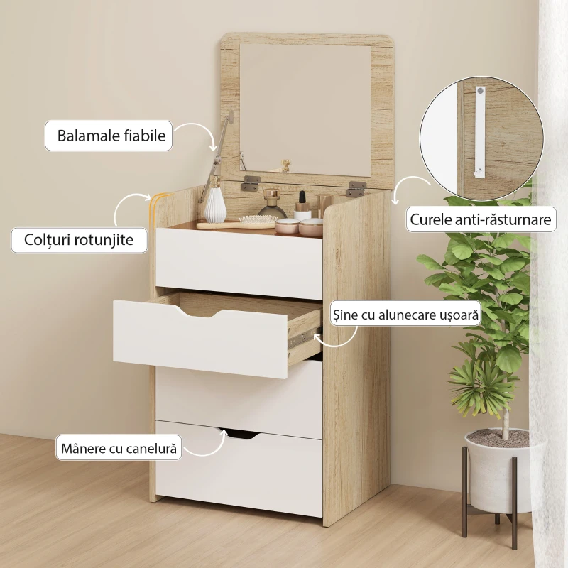 HOMCOM Masă de Machiaj 3 în 1 cu Oglindă, Compartiment, 2 Sertare și Scaun, din Lemn, 50x40x78 cm, Alb și Stejar