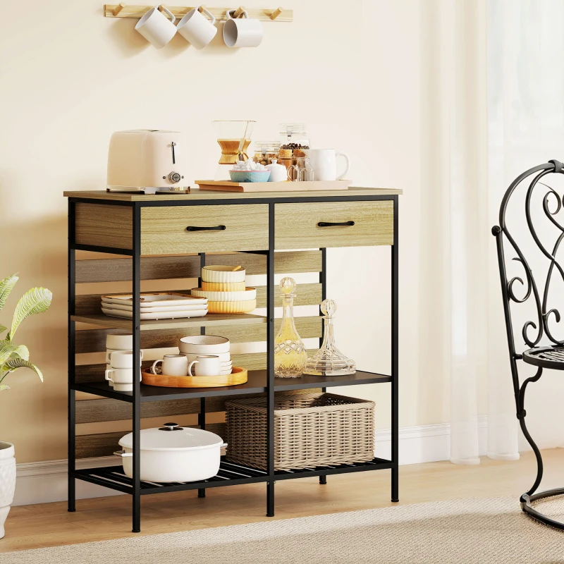 HOMCOM Buffet cuisine, meuble de rangement avec 2 tiroirs et 3 étagères ouvertes, 90 x 40 x 91 cm, bois naturel et noir