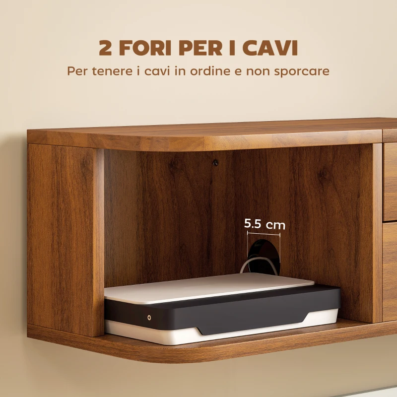 HOMCOM Mobile Porta TV fino 50" Sospeso con Prese di Corrente, USB e Tipo C, Cassetto e Ripiani, 120x24x22.4 cm, Noce