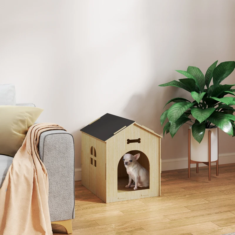 PawHut Niche pour chien intérieur maison chien intérieur en bois avec motifs d'os creux fenêtre 47 x 57 x 58 cm chêne