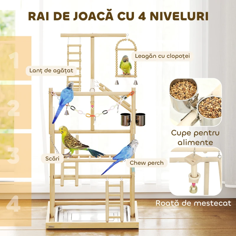 PawHut Suport pentru Papagali, Parc de Joacă pentru Păsări cu Scări, Lanțuri, Boluri, Tavă Detașabilă și Bare de Odihnă, pentru Perusi, Papagali Mici și Conuri, Lemn Natural