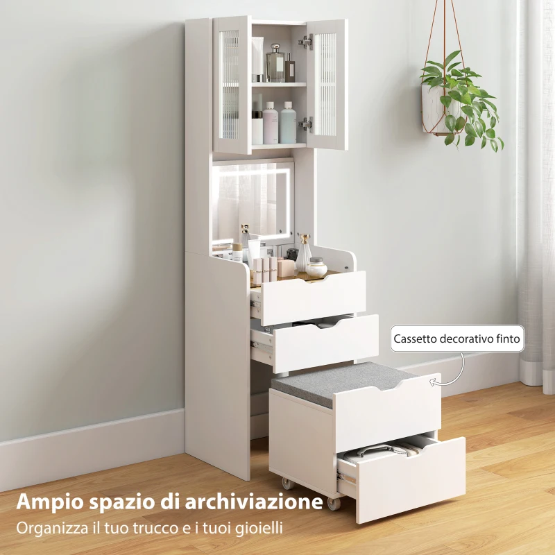 HOMCOM Toeletta Trucco con Specchio Illuminato e Sgabello, Luce Regolabile, Cassetti e Armadietto, Bianco