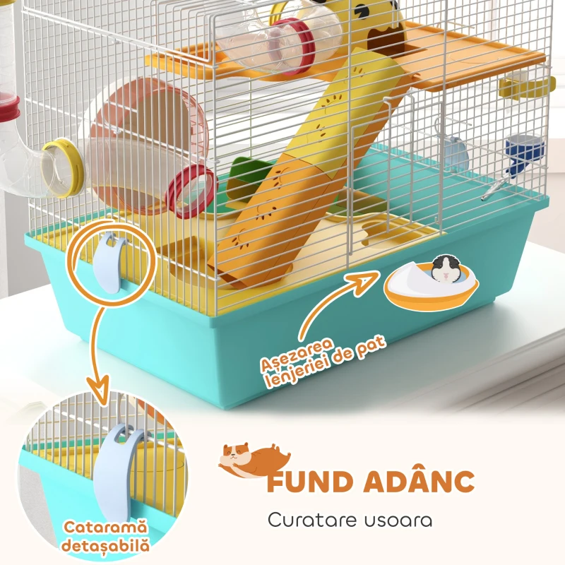 PawHut Cușcă pentru Hamsteri cu Roată, Căsuță, Bol, Rampe și Recipient Apă, Cușcă pentru Gerbili din Oțel, PS și PP, 45x28x37 cm, Alb și Albastru