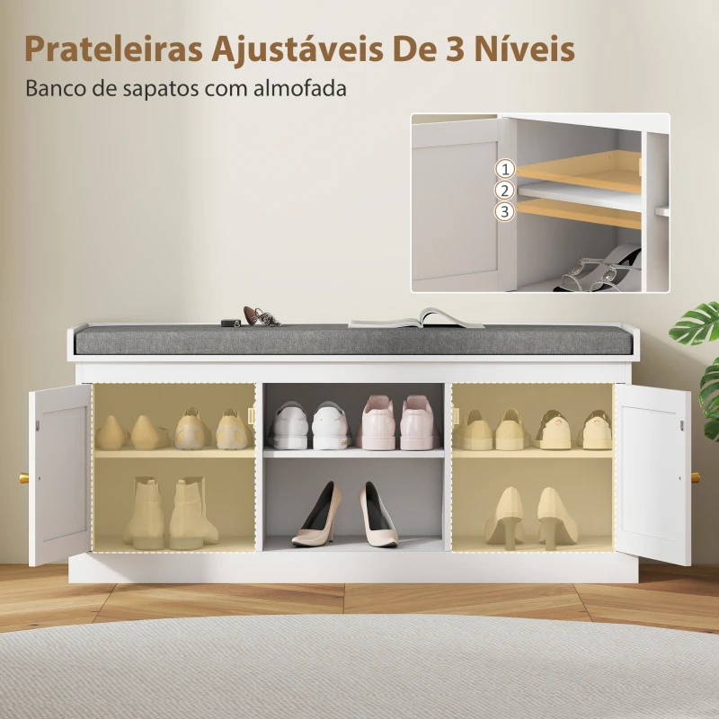 HOMCOM Banco Sapateira com Assento Acolchoado Portas em Vime e Prateleira Aberta para 9 Pares de Sapatos 105x35x47 cm Branco
