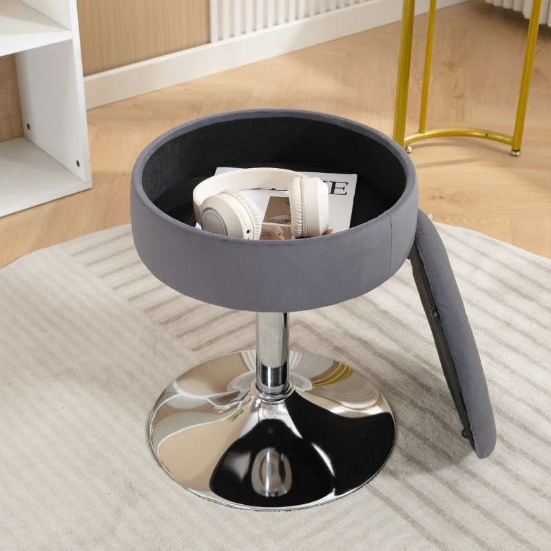 HOMCOM Tabouret de coiffeuse en velours, tabouret de maquillage pivotant avec rangement, hauteur réglable de 49-65 cm, gris