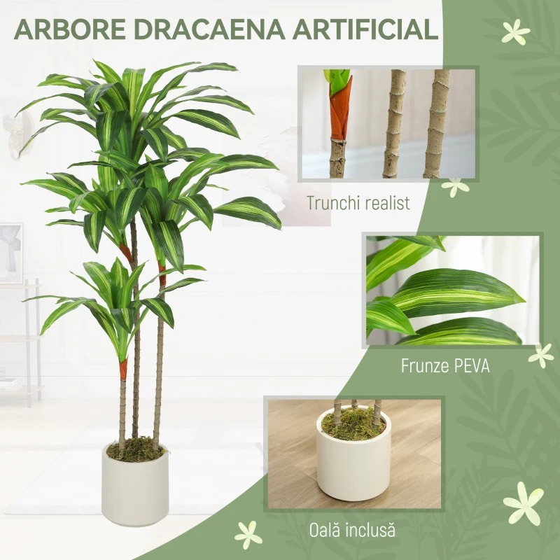 HOMCOM Arbore Artificial Dracaena 120 cm cu Rame Flexibile - Verde