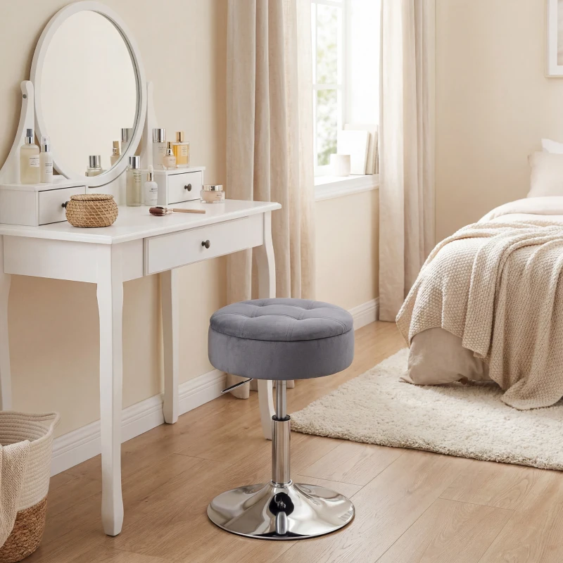 HOMCOM Tabouret de coiffeuse en velours, tabouret de maquillage pivotant avec rangement, hauteur réglable de 49-65 cm, gris