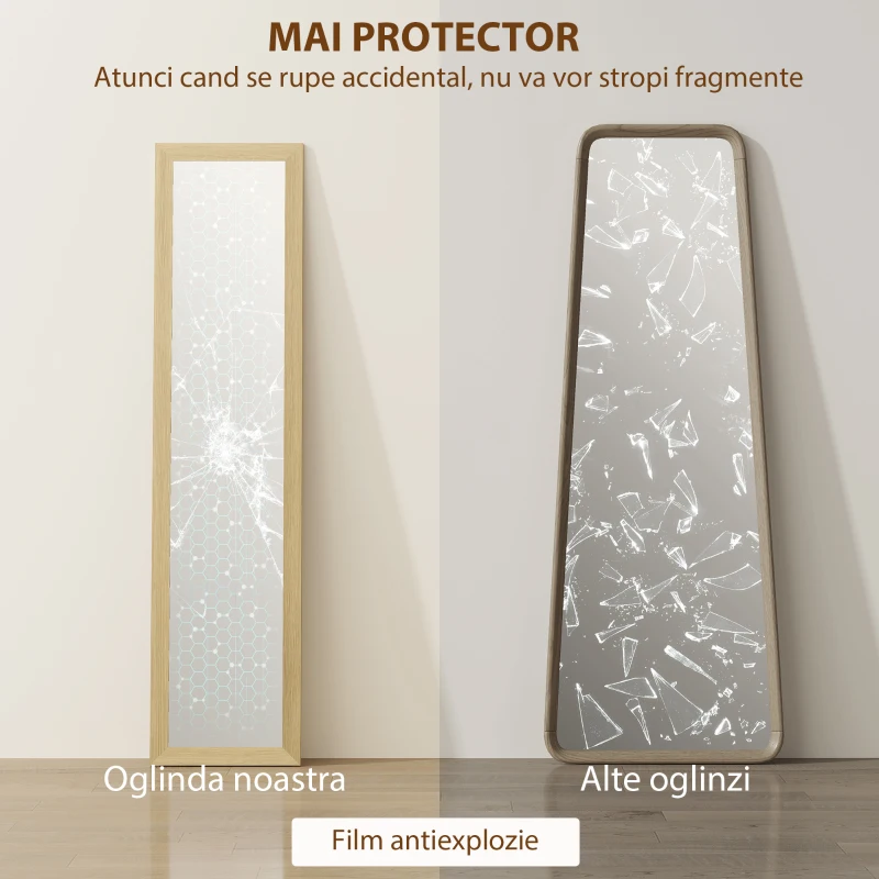 HOMCOM Oglindă cu Ramă din MDF, Picioare și Cârlige pentru Utilizare pe Podea sau pe Perete, 37x40x155 cm, Lemn Natural