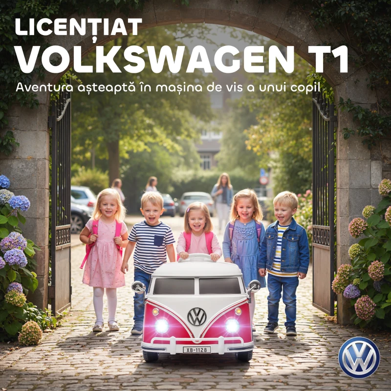 AIYAPLAY Mașinuță Electrică pentru Copii Licență Volkswagen T1 cu MP3 Player, din Metal și PP, 89x49x41.5 cm, Roșu