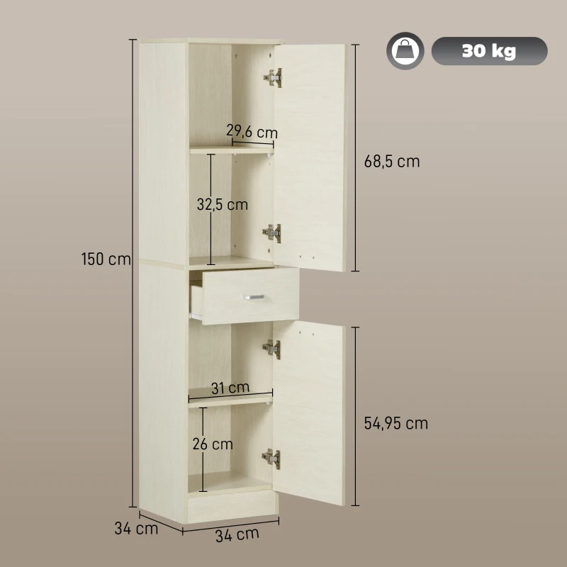 HOMCOM Armario Alto de Baño Mueble Auxiliar con 1 Cajón 2 Puertas y Estantes Interiores Ajustables 34x34x150cm Natural