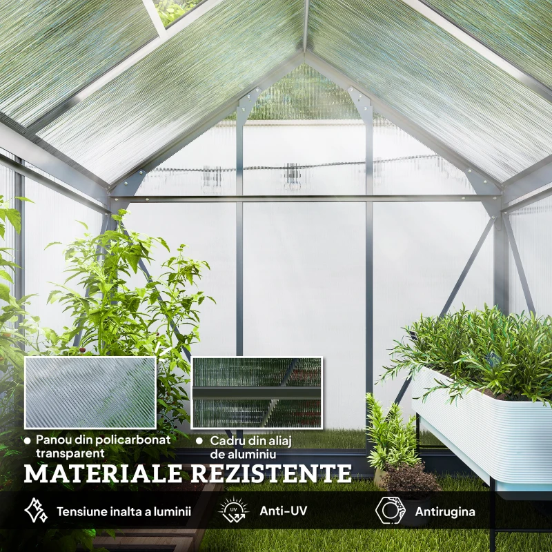 Outsunny Seră de Grădină din Policarbonat Anti-UV cu Fereastră și Ușă Glisantă, 190x132x201cm