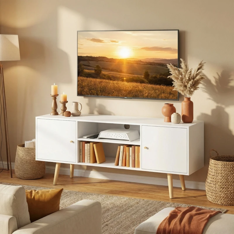 HOMCOM TV Stand Cabinet up to 55 Inches, TV Unit with Storage Shelves and Wood Legs for Living Room, Bedroom, White