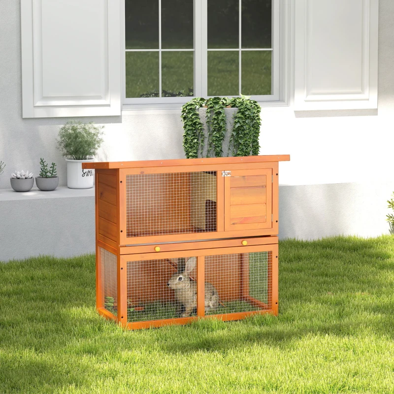 PawHut Clapier à lapin cage à lapin 2 étages plateau coulissant rampe et toit ouvrant 90L x 45l x 80H cm