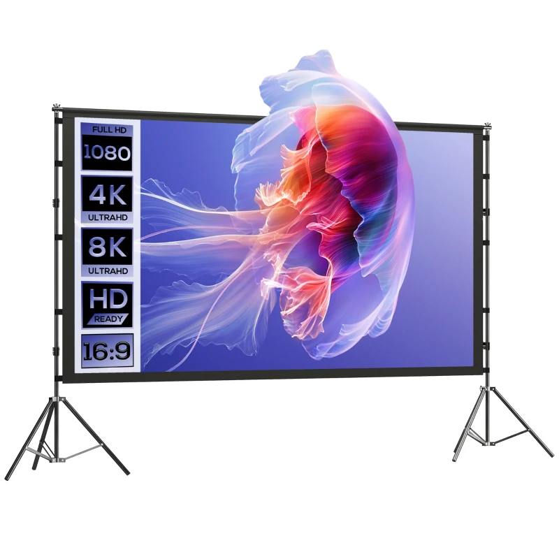 HOMCOM Écran de projection avec trépieds 100 pouces 16:9 HD 4K/8K, écran videoprojecteur portable, 268x58x181cm, blanc et noir