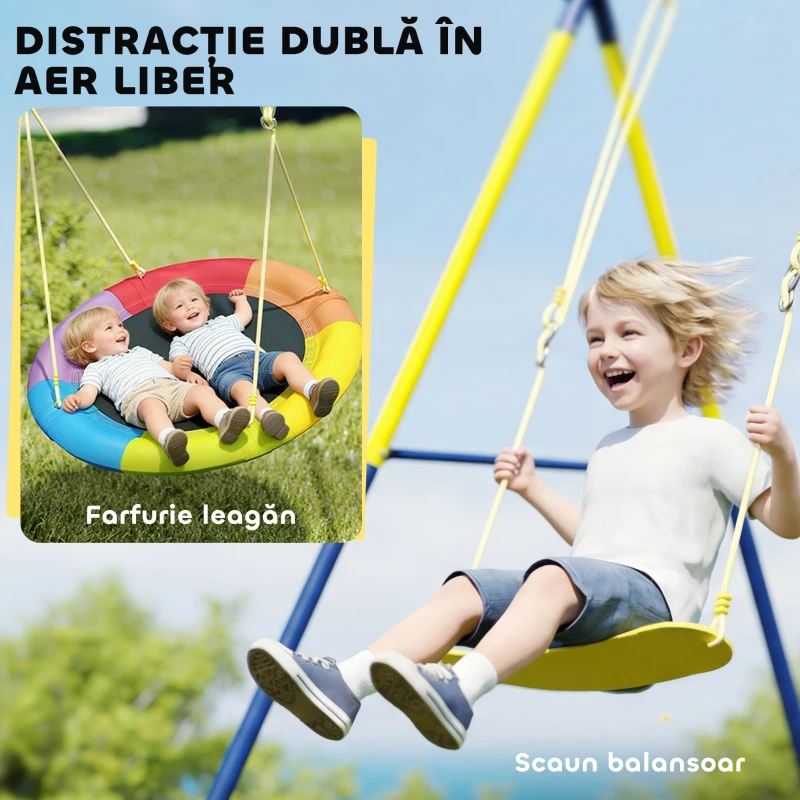 AIYAPLAY Set de Leagăne pentru Copii cu Două Tipuri de Leagăne, Loc de Joacă Exterior cu Corzi Reglabile, Structură din Metal pentru Vârsta 3-8 Ani, Capacitate 150kg, Multicolor