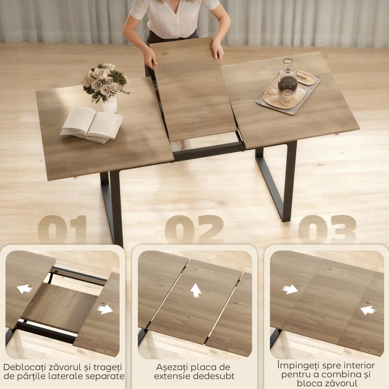 HOMCOM Masă de Dining Extensibilă pentru 6-8 Persoane cu Panouri Ascunse, Masă Extensibilă Dreptunghiulară cu Bază din Oțel, Stil Industrial, pentru Sufragerie, Culoare Lemn