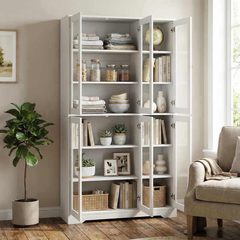 HOMCOM Multi-Storage Kitchen Cabinet, with Glass Doors - White Wood-Effect