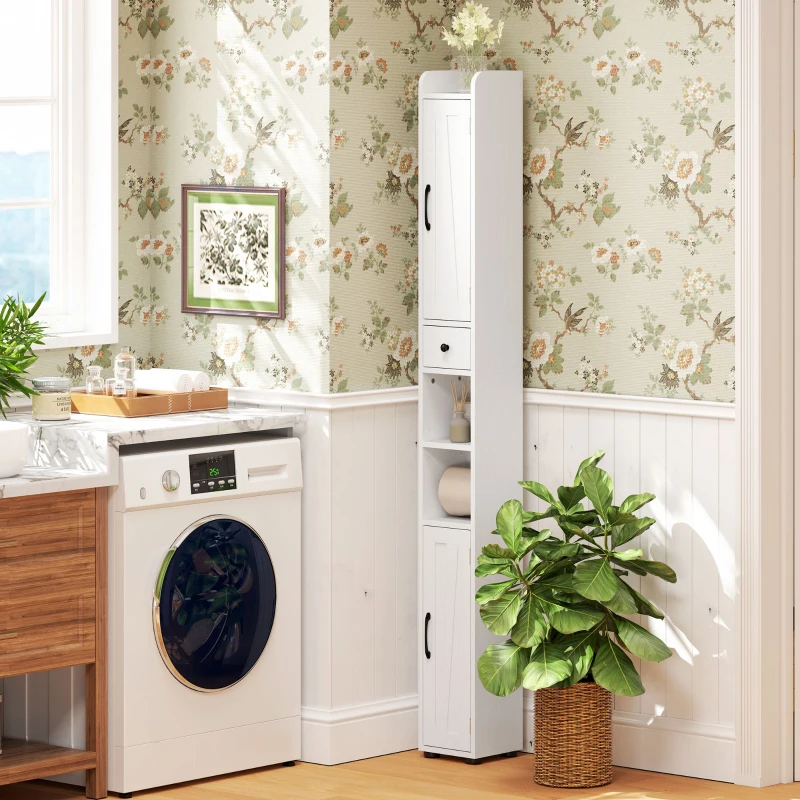 HOMCOM Armoire salle de bain haute, meuble de rangement colonne, 2 portes, tiroir, étagères réglables, 20x20x185cm, blanc